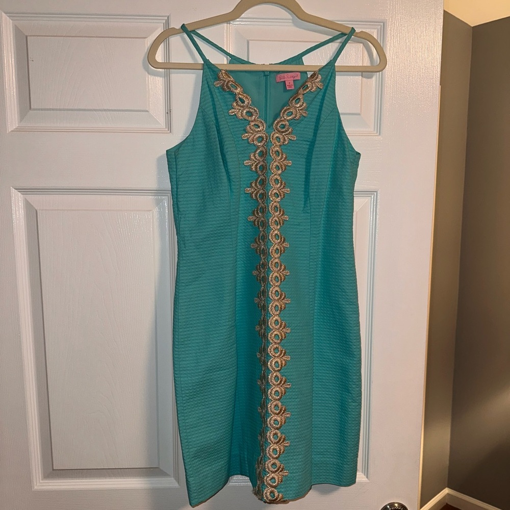 Lily Pulitzer halter dress teal and gold